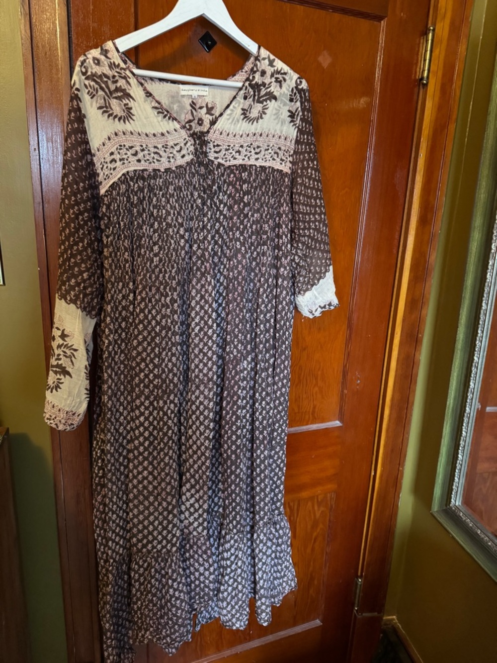 Daughters of India Brown and Cream Printed Boho Maxi Dress with Embroidered Yoke